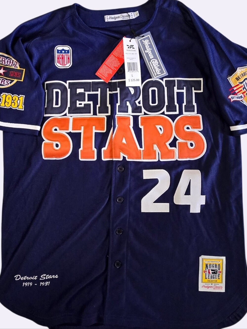 NWT Detroit Stars 24 Negro League Baseball Jersey  L Headgear Classics Large